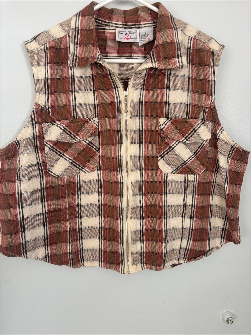 Cotton Candy Plus Women's Sleeveless Plaid Zip Vest - Rust Cream